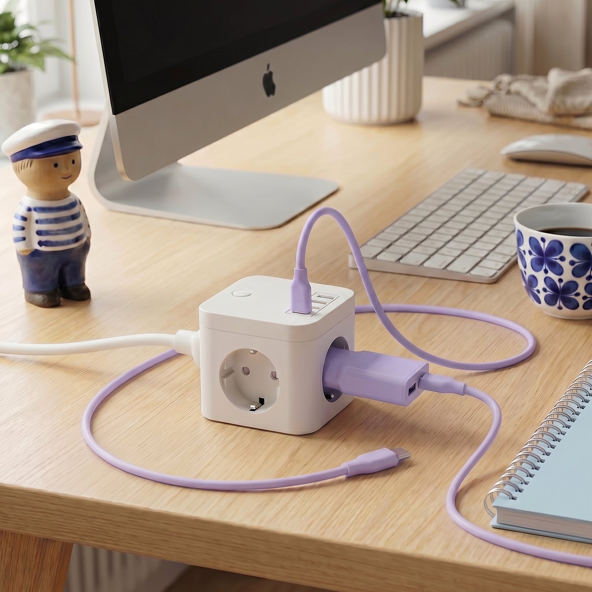 Lila laddare med USB-A och USB-C